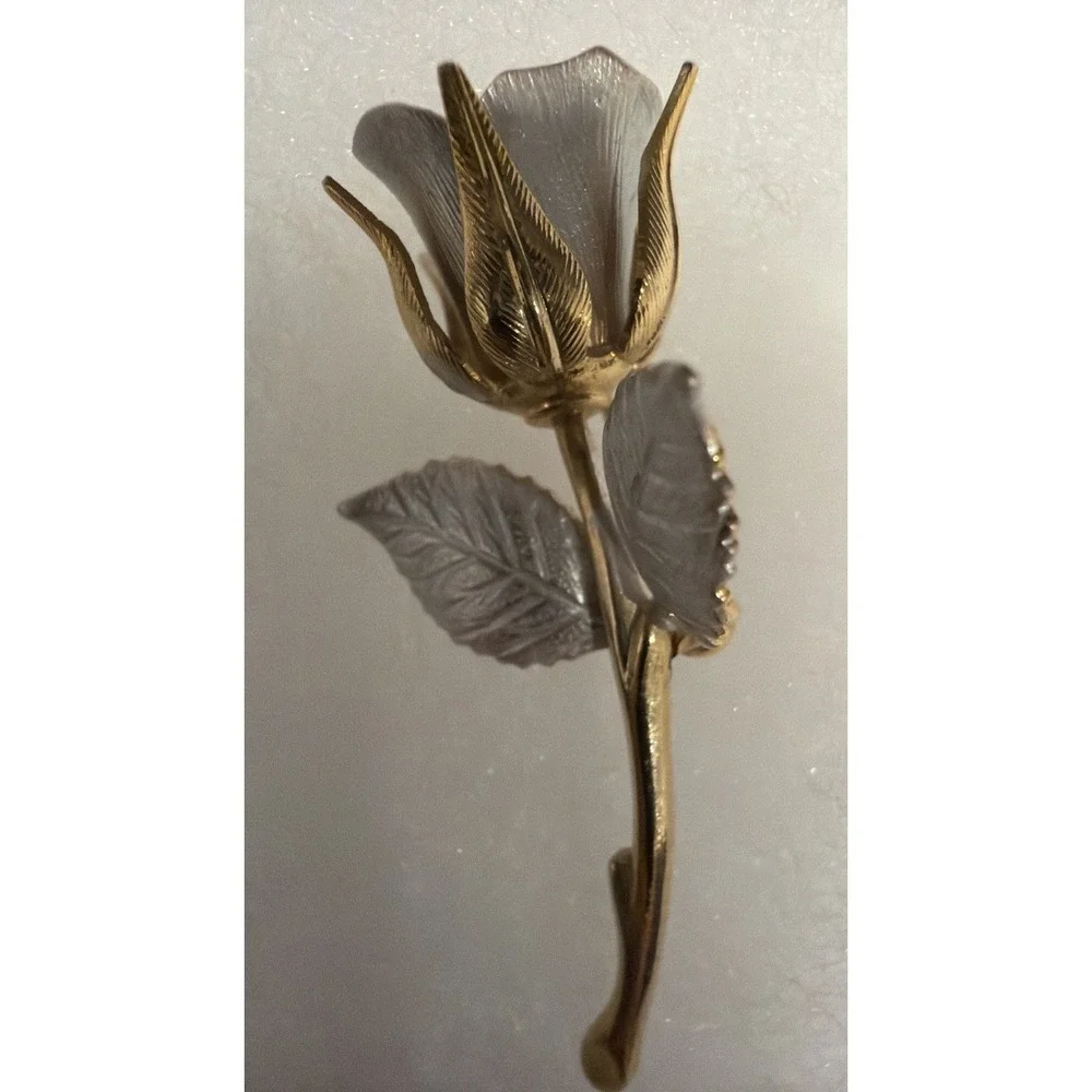 Vintage Long Stem Rose Brooch Pin Estate Jewelry Gold & Silver Tone 2.25